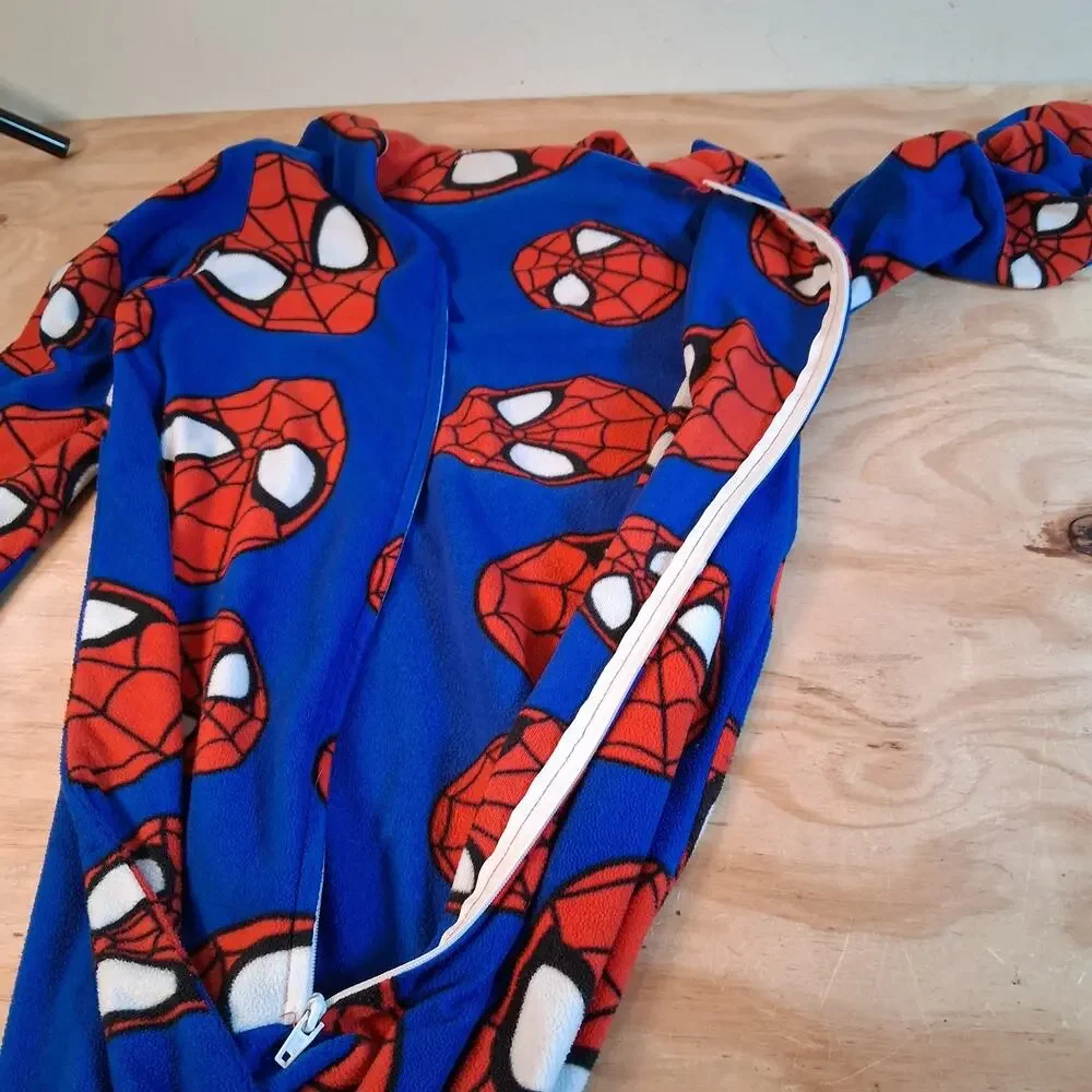 Spiderman Boys Pajamas Sz M Hooded One Piece Full Zip Sleepwear Marvel Red Blue